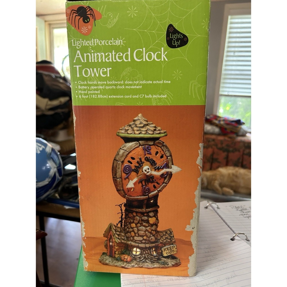 CLASSIC ANIMATED CLOCK TOWER LIGHTED PORCELAIN HALLOWEEN PROP RARE‎